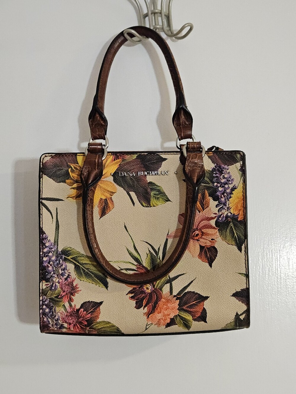 Dana Buchman Floral Print Mini Tote: Cream & Brown